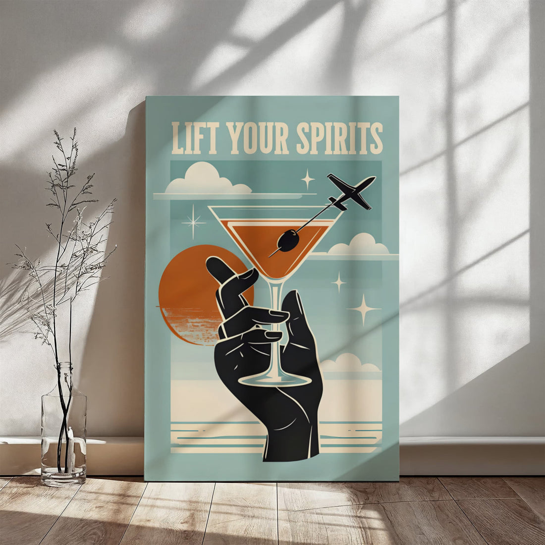 “Lift Your Spirits" Gallery Wrapped Canvas.” Perfect for adding a splash of sass and sophistication to any bar area, kitchen, or travel-lover's nook.
