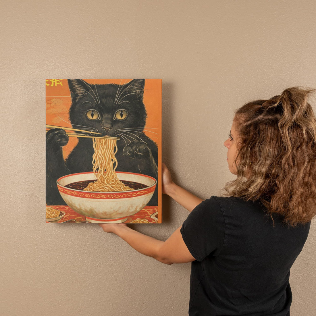 Asian Inspired "Cat eating Noodles" Gallery Wrapped Canvas