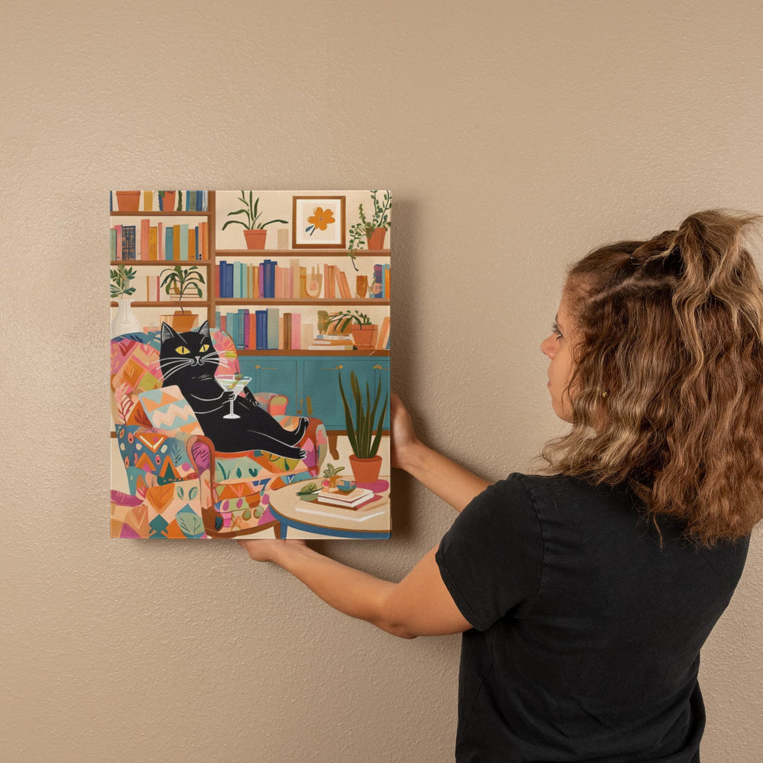A playful, artful Wrapped Canvas piece for book lovers, cat people, and cocktail connoisseurs like this lounging black cat knows how to unwind in style.