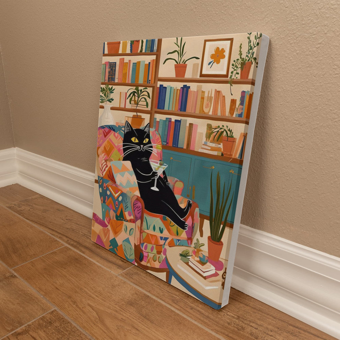 A playful, artful Wrapped Canvas piece for book lovers, cat people, and cocktail connoisseurs like this lounging black cat knows how to unwind in style.