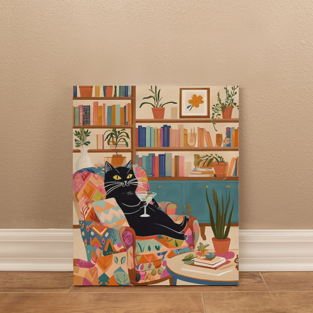 A playful, artful Wrapped Canvas piece for book lovers, cat people, and cocktail connoisseurs like this lounging black cat knows how to unwind in style.