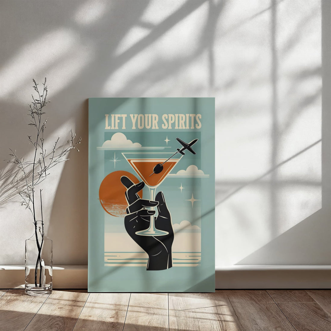 “Lift Your Spirits" Gallery Wrapped Canvas.” Perfect for adding a splash of sass and sophistication to any bar area, kitchen, or travel-lover's nook.