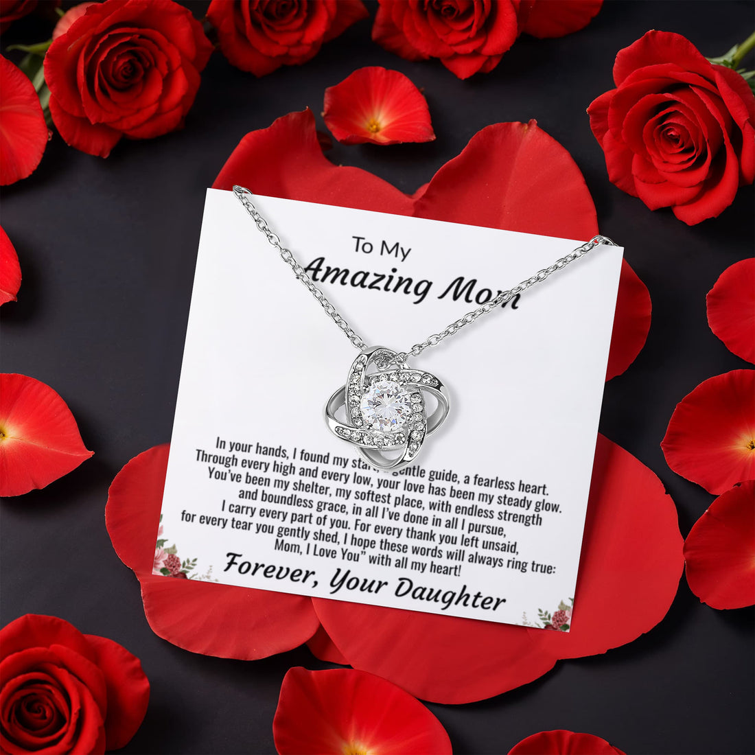 To My Amazing Mom "I Love You with all my Heart" Love Knot Necklace with rotating rose gift box.