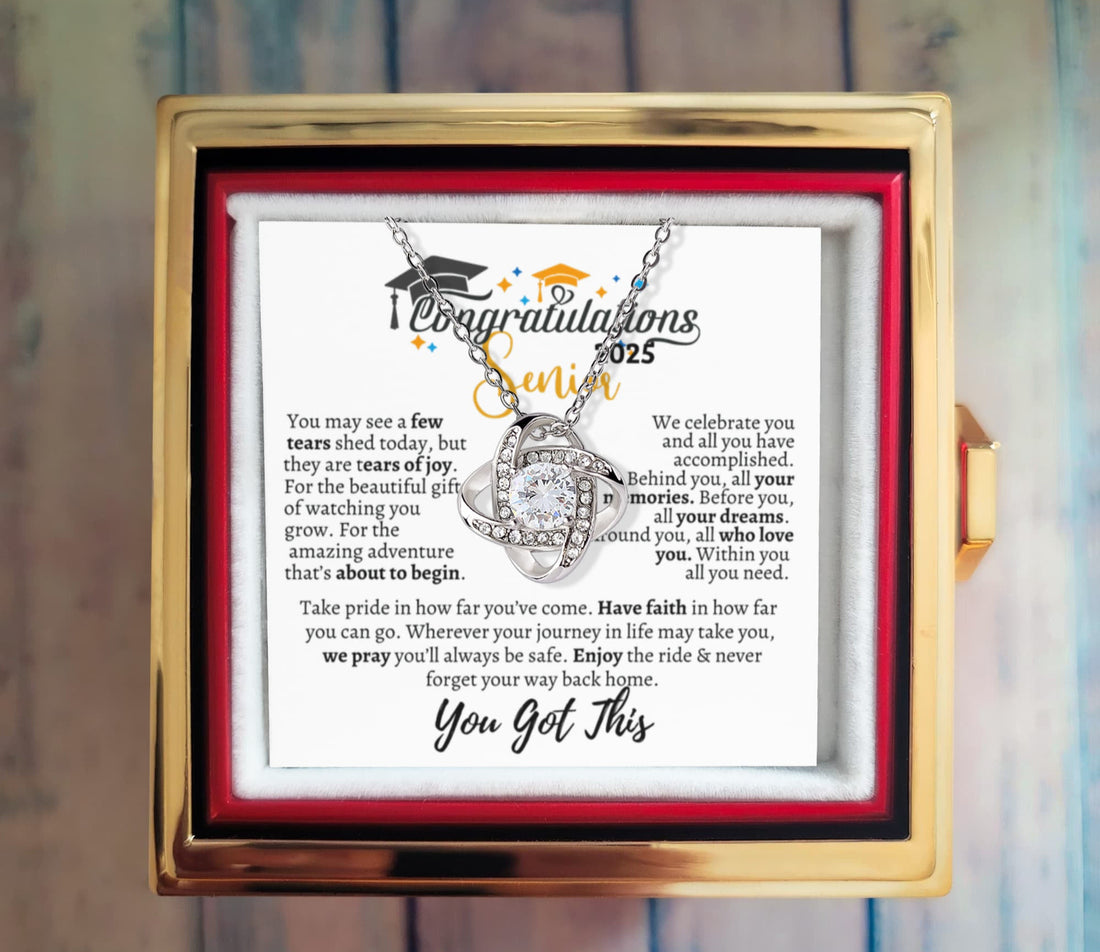 Graduation gift, Class of 2025 Love Knot Necklace with Rotating Rose Gift Box
