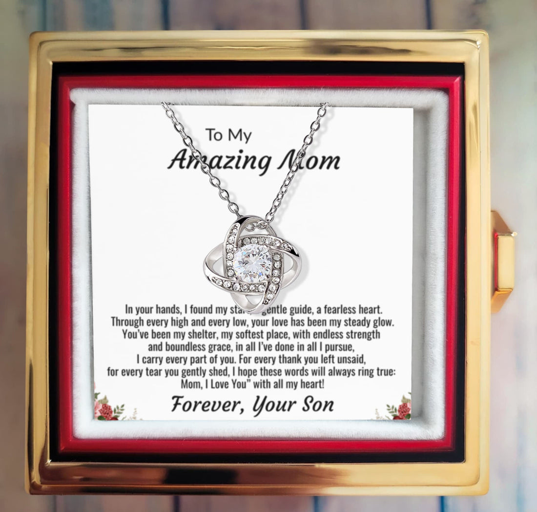 To My Amazing Mom "I Love You with all my Heart" Love Knot Necklace with rotating rose gift box.