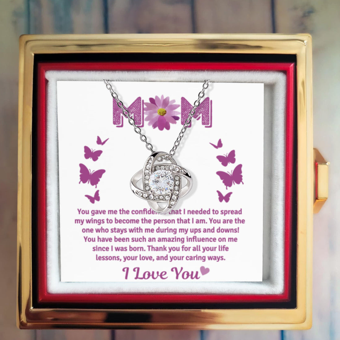 To Mom "Thanks for the Life Lessons" Happy Mother's Day Love Knot Necklace w/rotating rose gift box