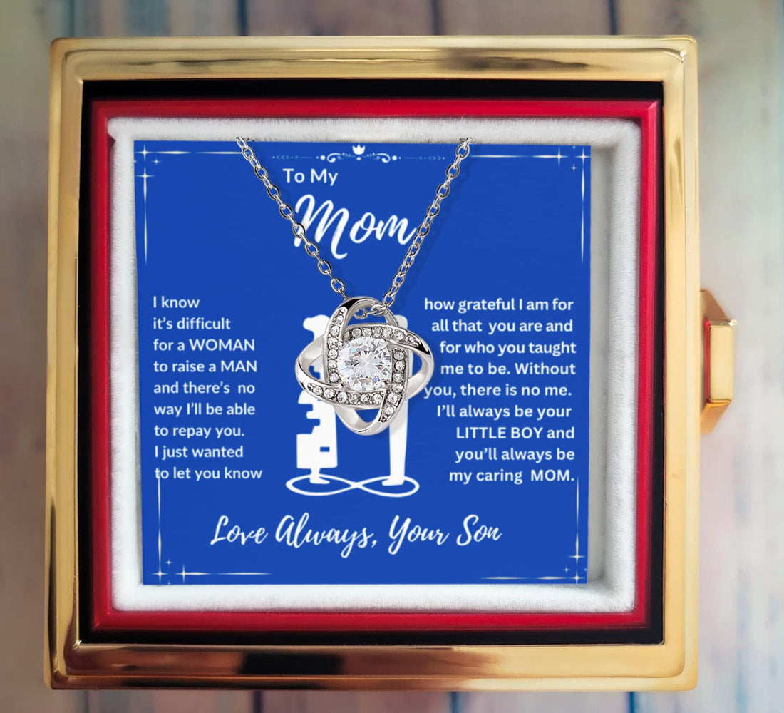 To Mom "I'll Always Be Your Little Boy" Happy Mother's Day Love Knot Necklace w/rotating rose gift box