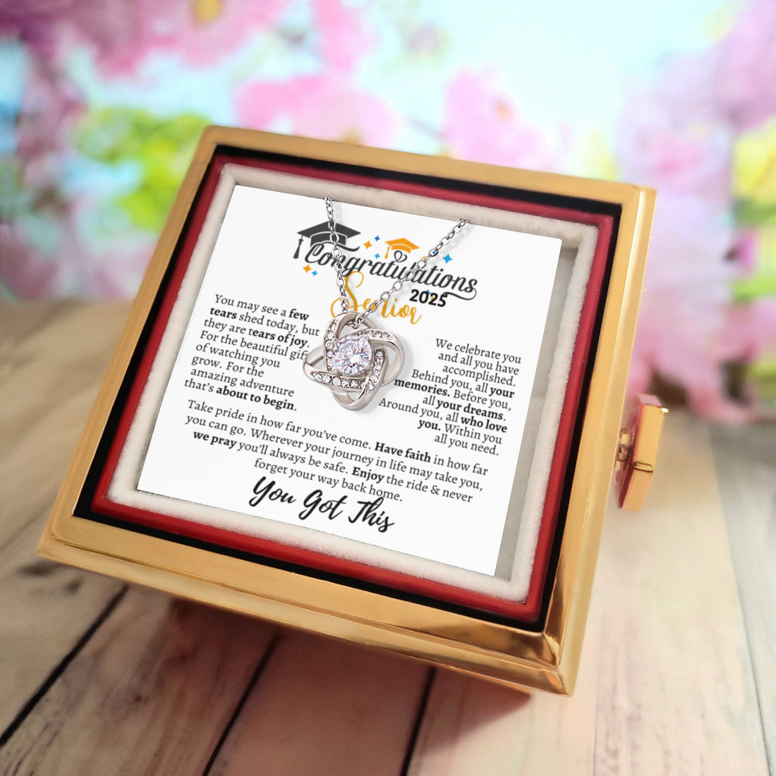 Graduation gift, Class of 2025 Love Knot Necklace with Rotating Rose Gift Box