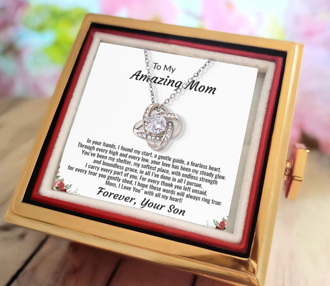 To My Amazing Mom "I Love You with all my Heart" Love Knot Necklace with rotating rose gift box.