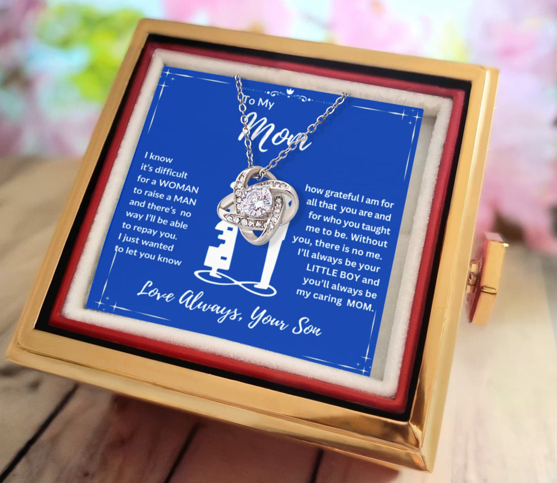 To Mom "I'll Always Be Your Little Boy" Happy Mother's Day Love Knot Necklace w/rotating rose gift box