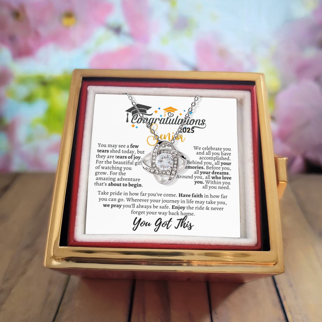 Graduation gift, Class of 2025 Love Knot Necklace with Rotating Rose Gift Box