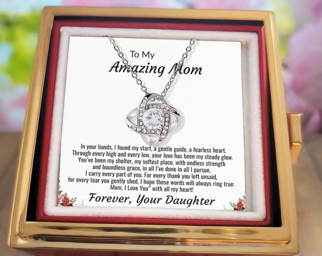 To My Amazing Mom "I Love You with all my Heart" Love Knot Necklace with rotating rose gift box.