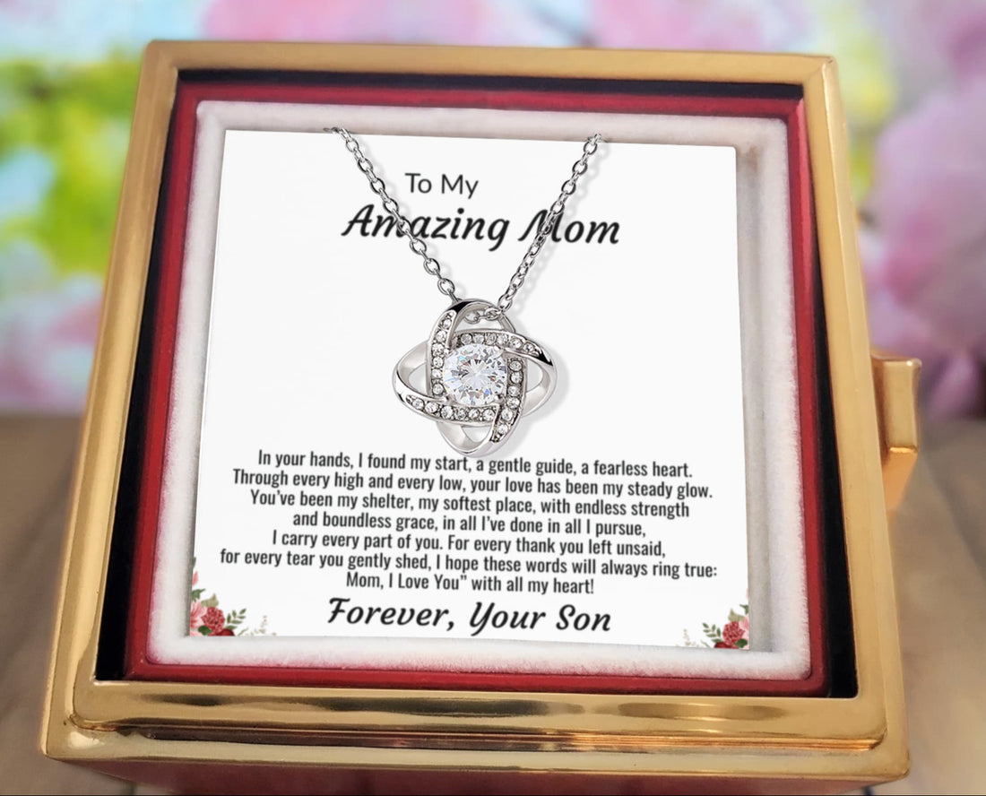 To My Amazing Mom "I Love You with all my Heart" Love Knot Necklace with rotating rose gift box.
