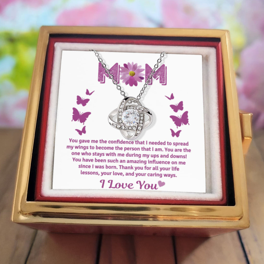 To Mom "Thanks for the Life Lessons" Happy Mother's Day Love Knot Necklace w/rotating rose gift box