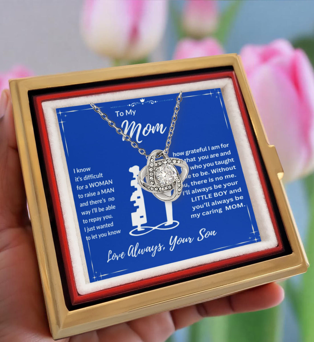 To Mom "I'll Always Be Your Little Boy" Happy Mother's Day Love Knot Necklace w/rotating rose gift box