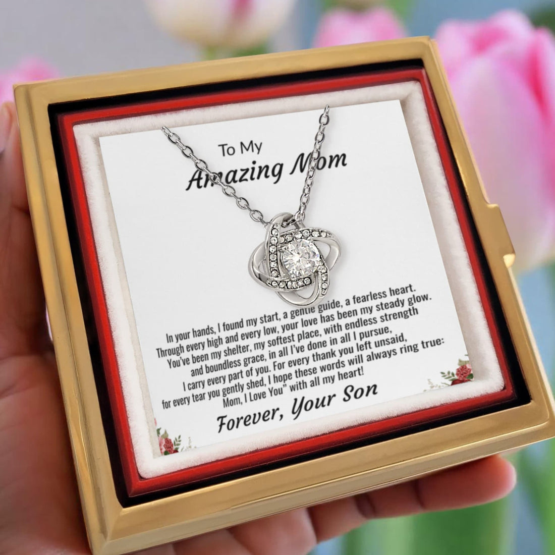 To My Amazing Mom "I Love You with all my Heart" Love Knot Necklace with rotating rose gift box.