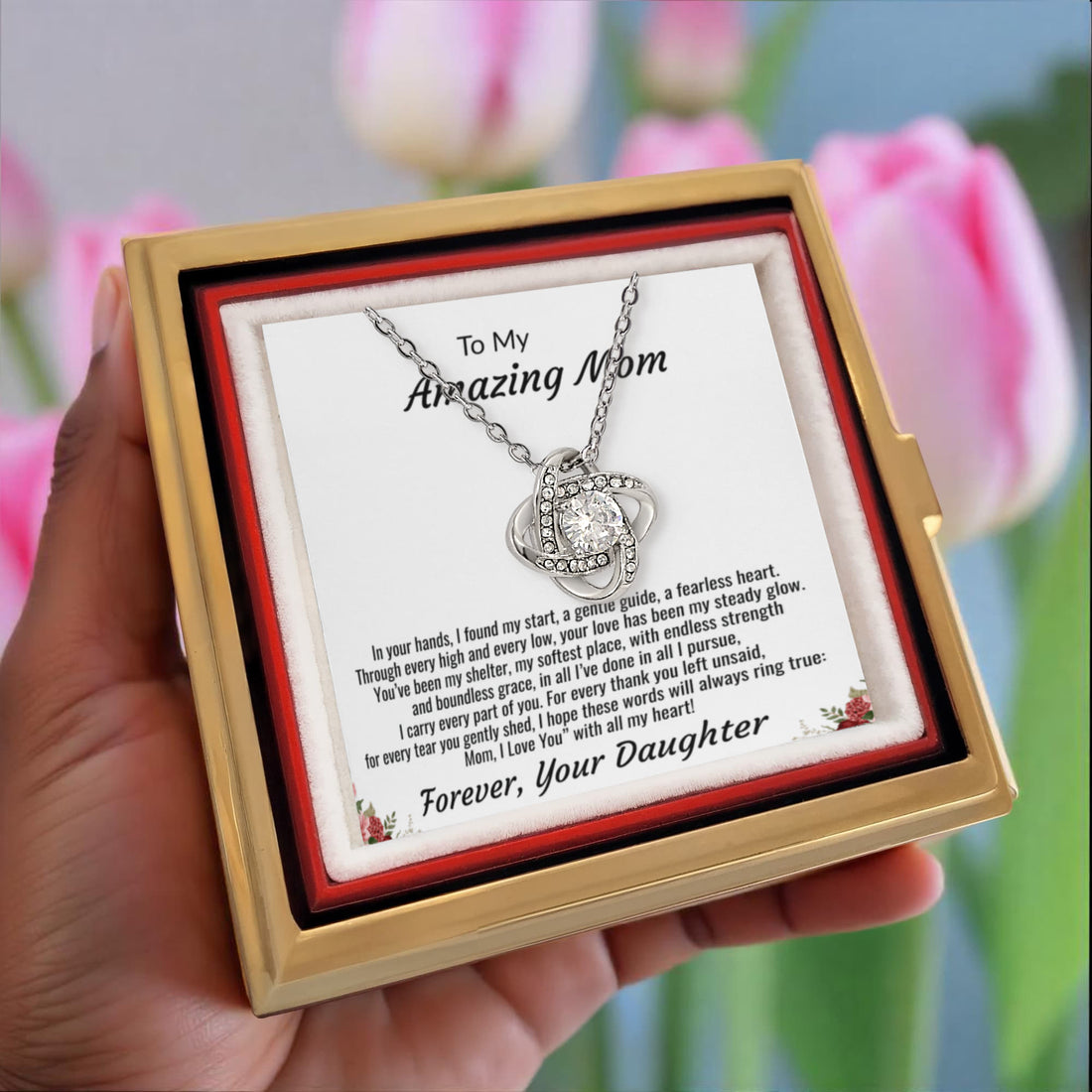 To My Amazing Mom "I Love You with all my Heart" Love Knot Necklace with rotating rose gift box.