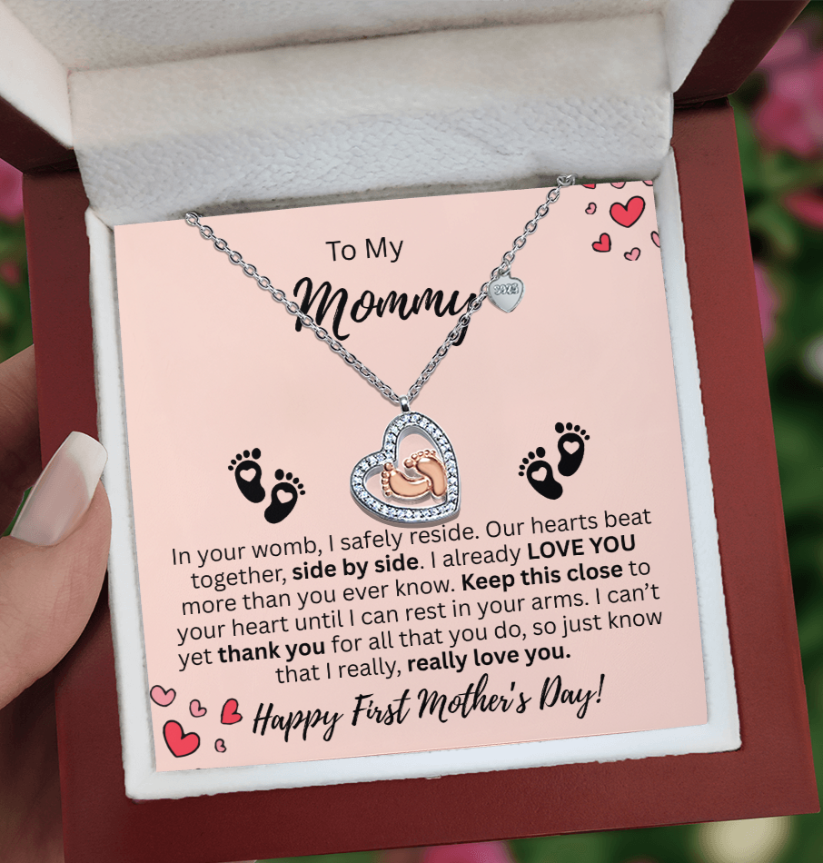 Mommy's First Mother's Day Baby Feet Heart Necklace
