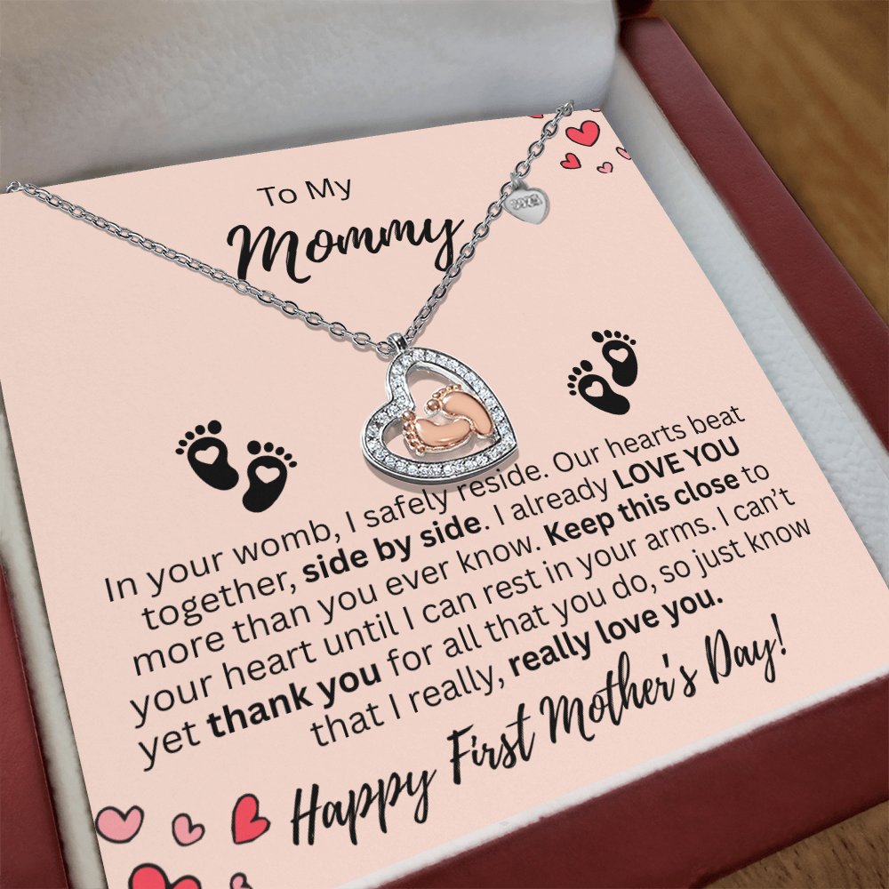 Mommy's First Mother's Day Baby Feet Heart Necklace