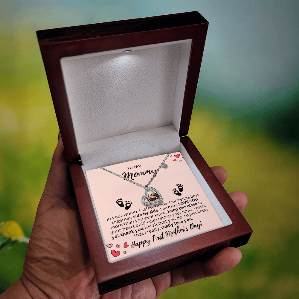 Mommy's First Mother's Day Baby Feet Heart Necklace