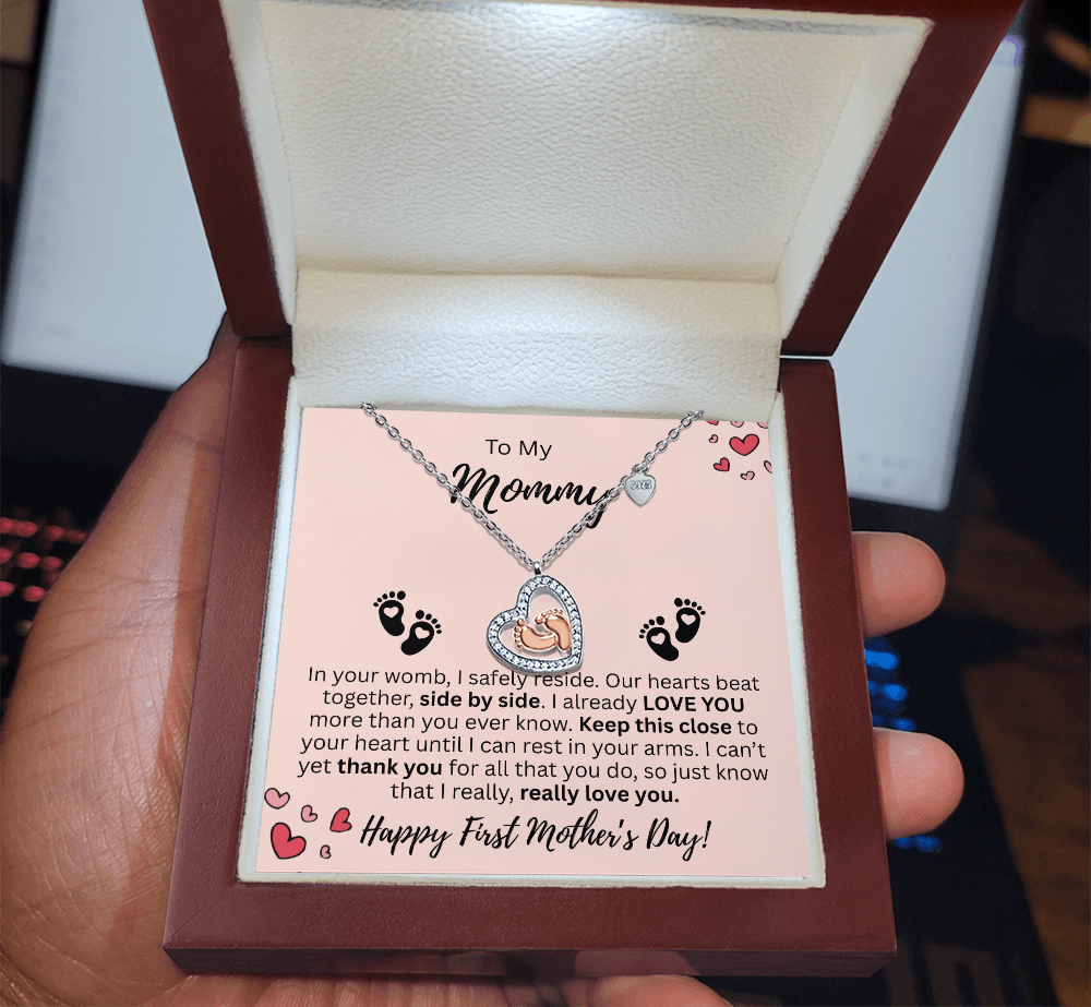 Mommy's First Mother's Day Baby Feet Heart Necklace