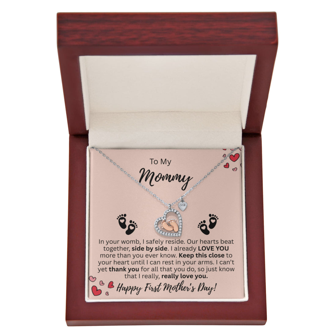 Mommy's First Mother's Day Baby Feet Heart Necklace