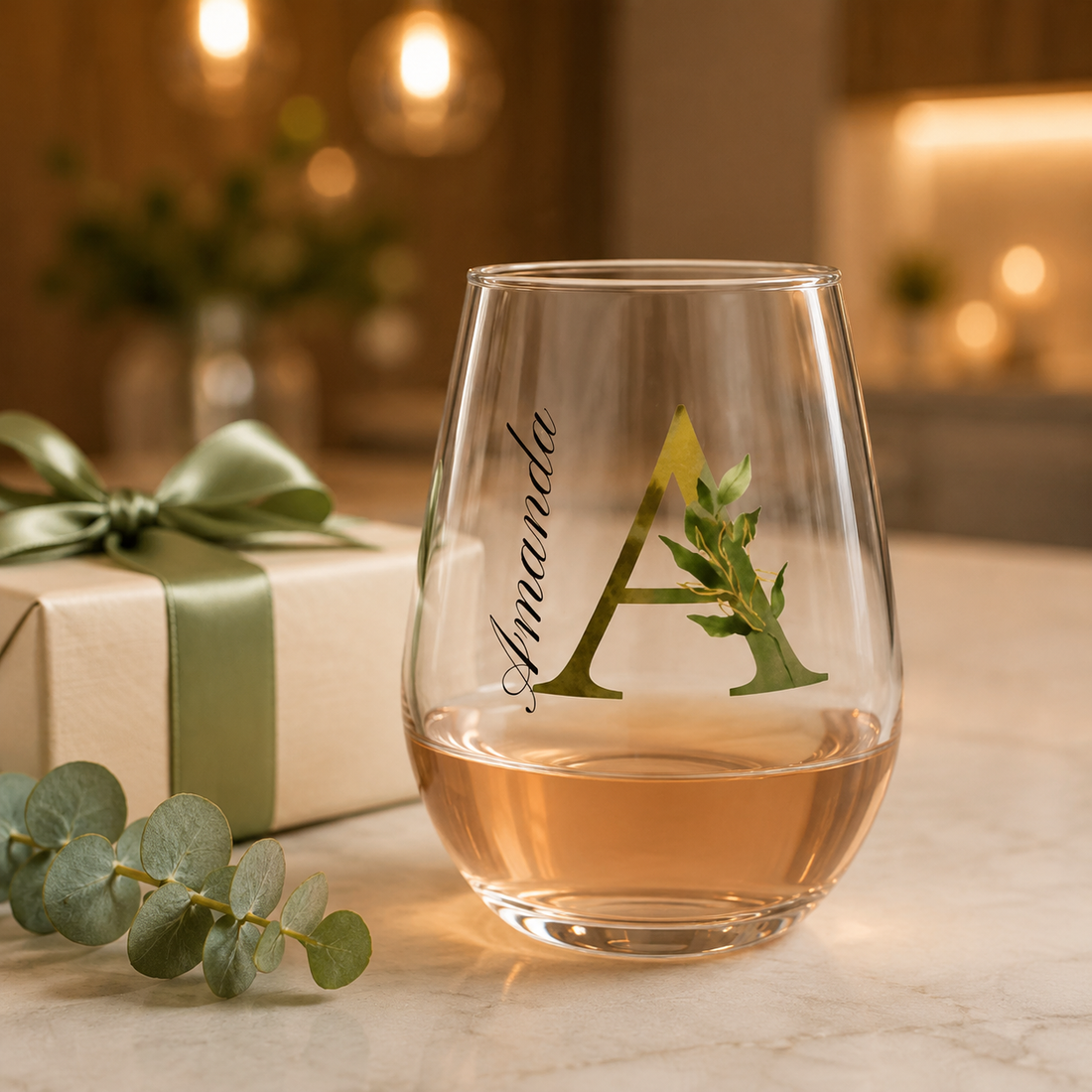 Personalized Botanical Monogram Stemless Wine Glass – Custom Name and Initial