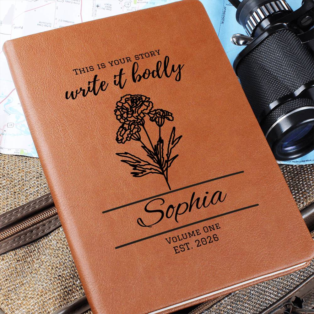 Personalized Graduation Leather Journal with Birth Flowers, Vegan Notebook Gift, Custom Name, Inspirational Quote
