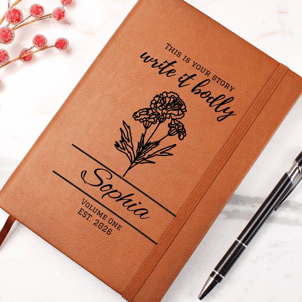 Personalized Graduation Leather Journal with Birth Flowers, Vegan Notebook Gift, Custom Name, Inspirational Quote