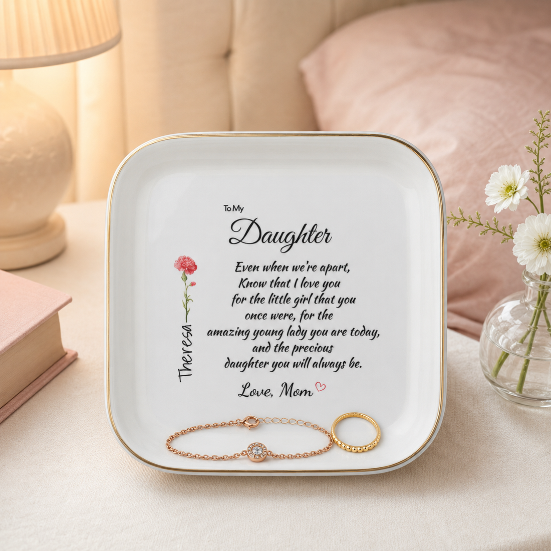 Personalized Birth Flower Jewelry Dish for Daughter from Mom – Custom Name Ring Dish