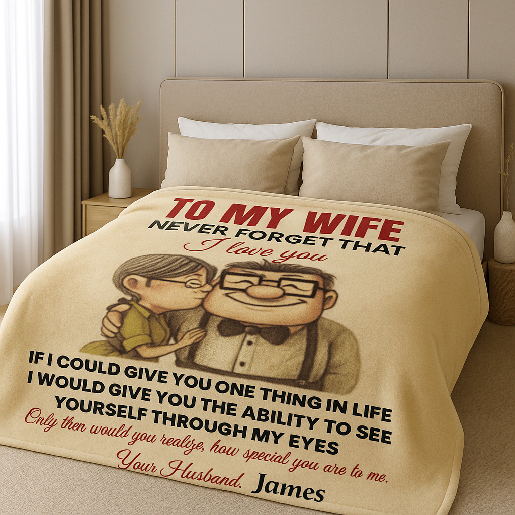 To My Wife Love Message Blanket – Heartfelt Husband Gift, Romantic Cartoon Couple Blanket, Personalized Love Message Throw- 50x60