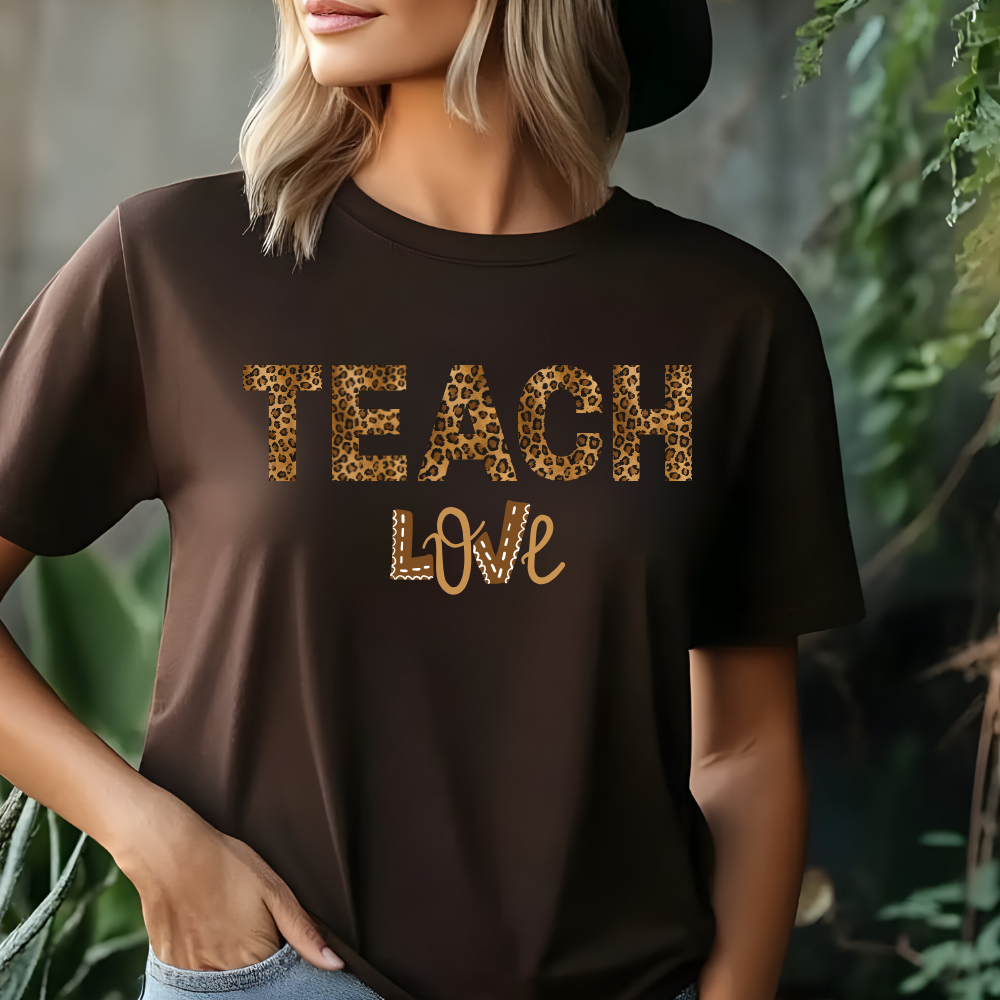 Teach Love Leopard Print Teacher Shirt – Cute Teacher Appreciation T-Shirt, Classroom Gift for Teachers, Back to School Teacher Tee