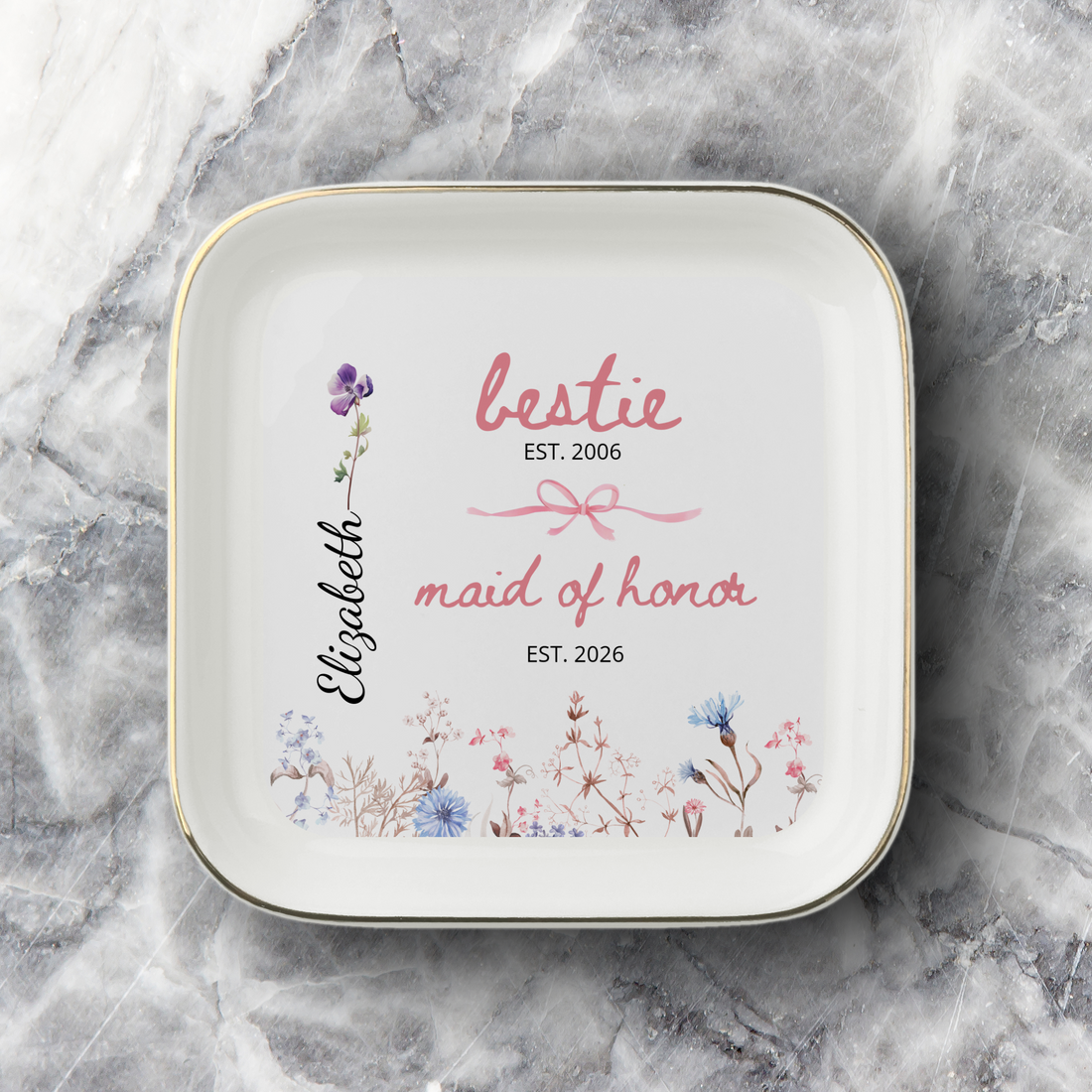 Personalized Maid of Honor Birth Flower Jewelry Dish – Custom Bestie Bridal Party Gift