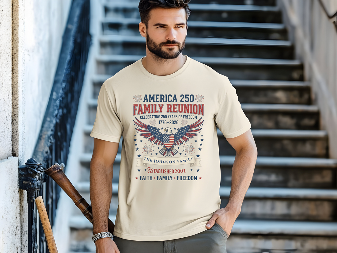 Personalized America 250 Family Reunion Shirt, Custom Family Name T-Shirt, 1776-2026 Patriotic Eagle Tee, Faith Family Freedom, July 4th