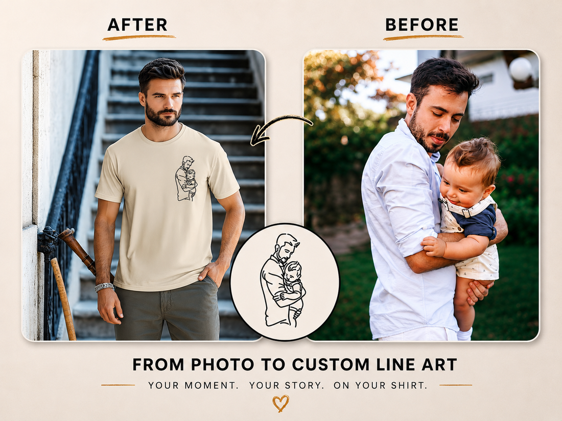 Custom Photo Shirt For Dad Father's Day Gift, Line Art T-Shirt, Dad and Baby Tee, Personalized Gift for Dad