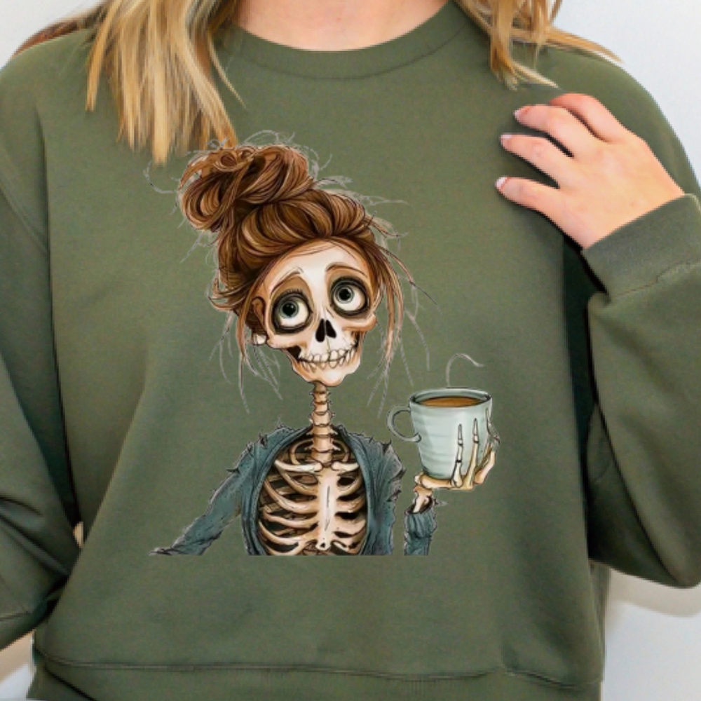 Funny Skull Girl Print Halloween Skeleton Coffee Sweatshirt