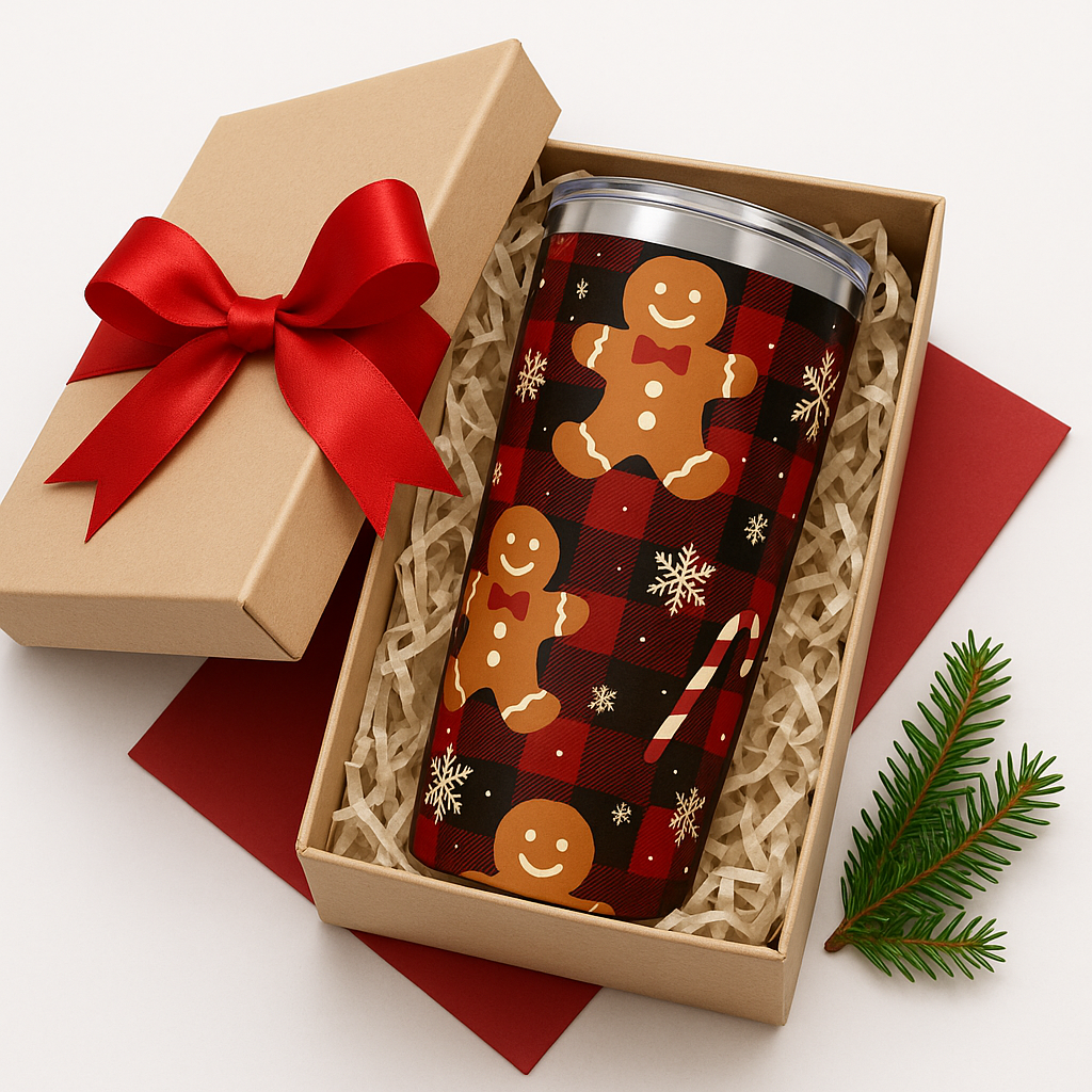 Christmas Plaid Tumbler, Gingerbread Man Insulated Tumbler, Holiday Drinkware Gift, 20oz Stainless Steel, Festive Design
