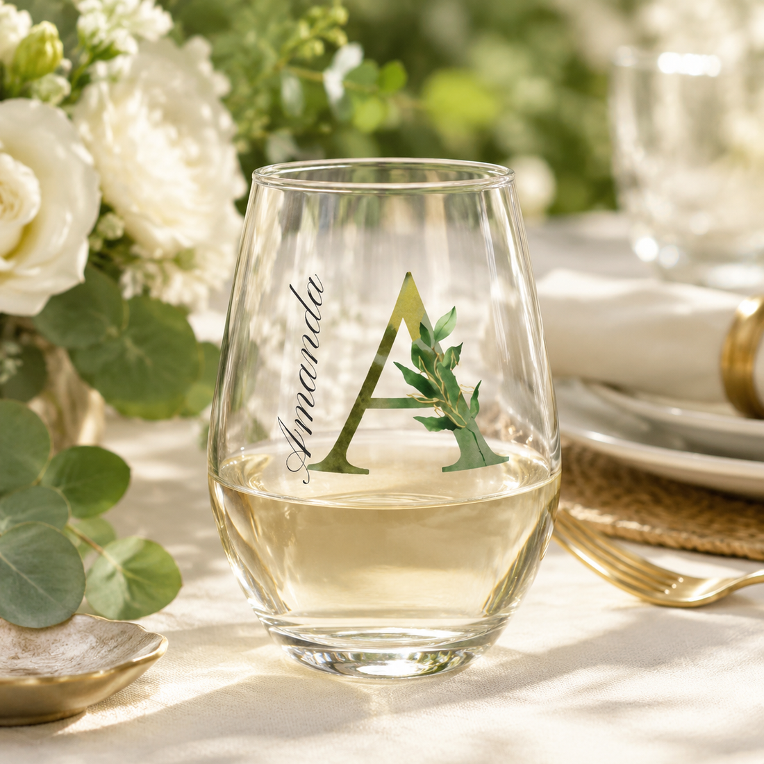 Personalized Botanical Monogram Stemless Wine Glass – Custom Name and Initial