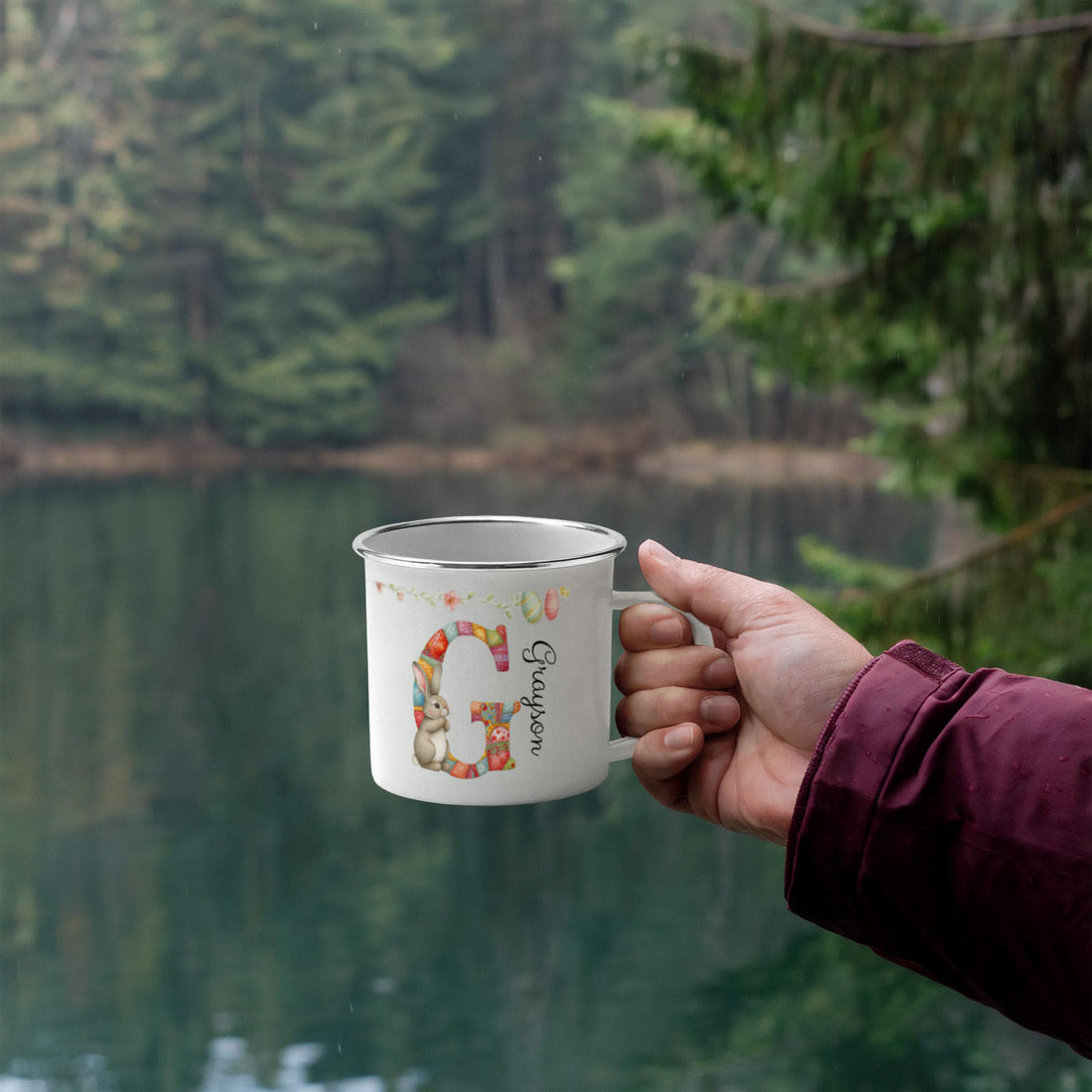 Personalized Cartoon Easter Bunny Initial 12 oz Enamel Mug with Name Easter Gift for Boys and Girls