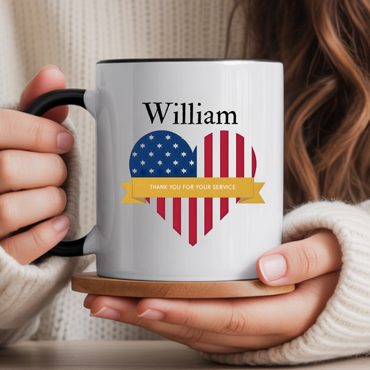 Patriotic Heart Mug, Custom American Flag Mug, Thank You Gift, Personalized Coffee Cup, Military Veterans Mug