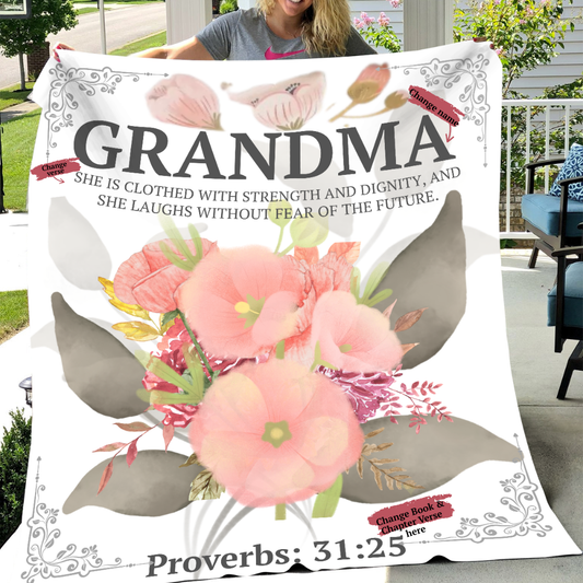 Personalize “MAMA Encouragement – Proverbs 31:25 Plush Fleece Blanket” 50x60