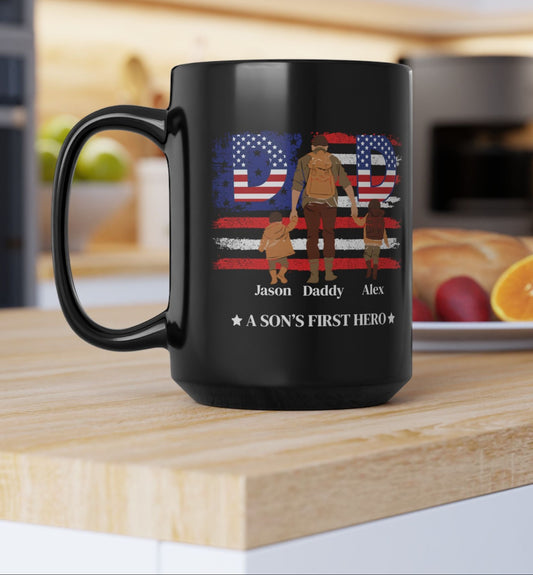 Custom Black Coffee Mug, Dad Gift, A Son's First Hero, Personalized Father's Day, USA Flag Design, Ceramic Cup, Patriotic Present
