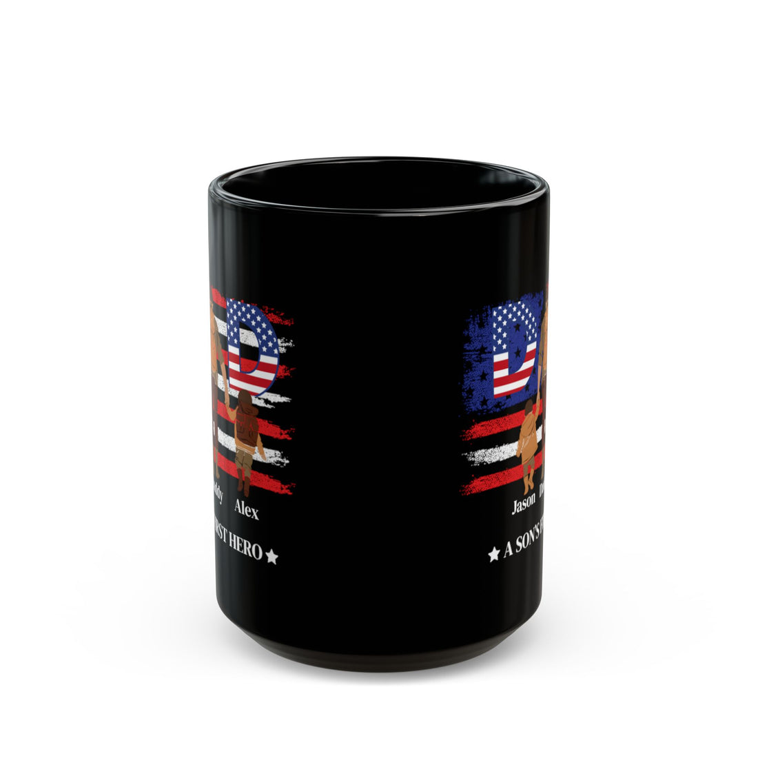 Custom Black Coffee Mug, Dad Gift, A Son's First Hero, Personalized Father's Day, USA Flag Design, Ceramic Cup, Patriotic Present