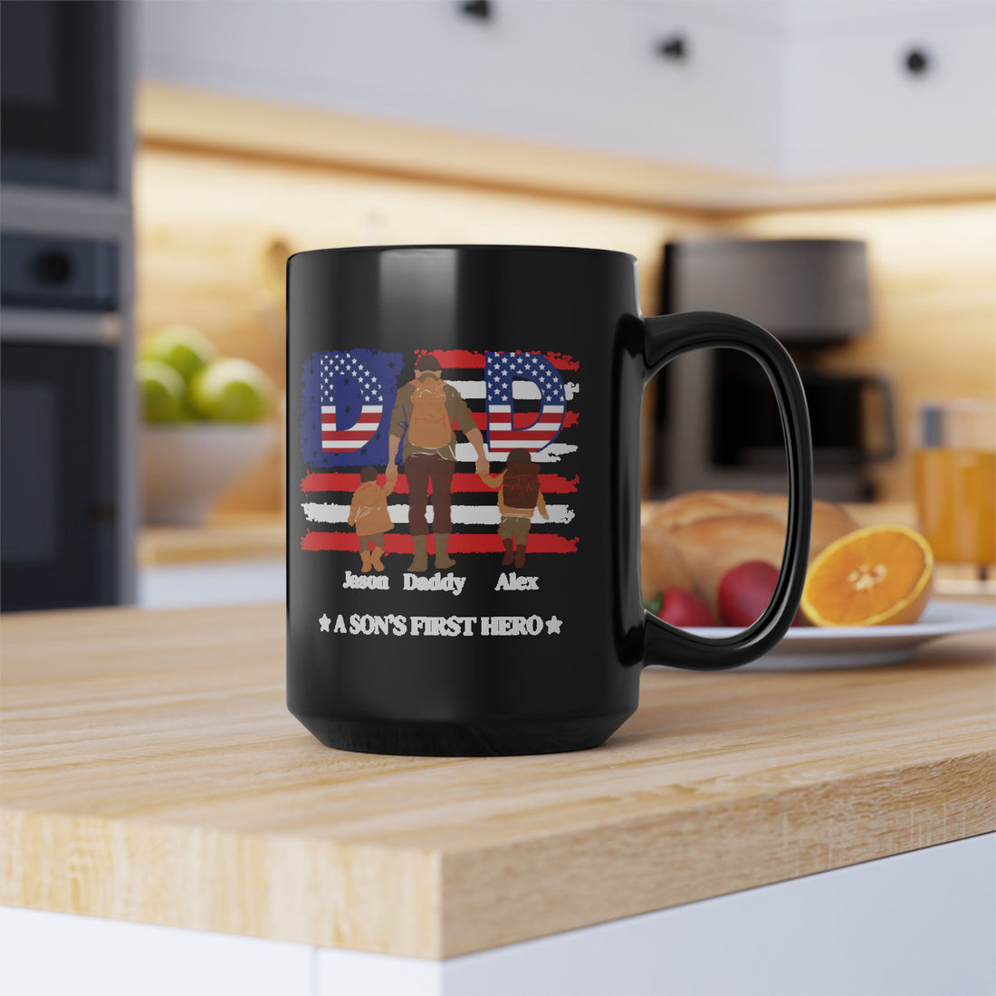 Custom Black Coffee Mug, Dad Gift, A Son's First Hero, Personalized Father's Day, USA Flag Design, Ceramic Cup, Patriotic Present