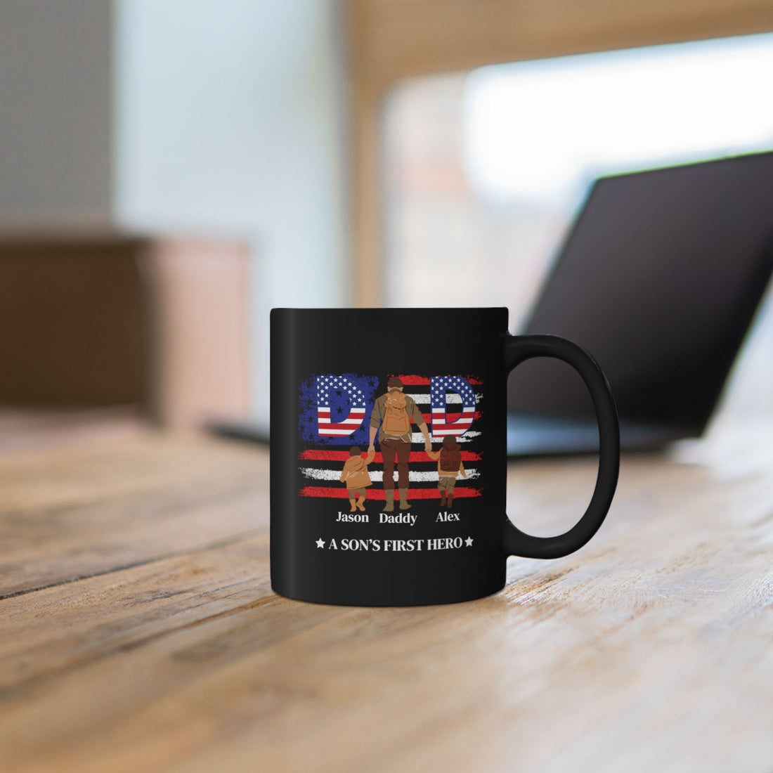 Custom Black Coffee Mug, Dad Gift, A Son's First Hero, Personalized Father's Day, USA Flag Design, Ceramic Cup, Patriotic Present