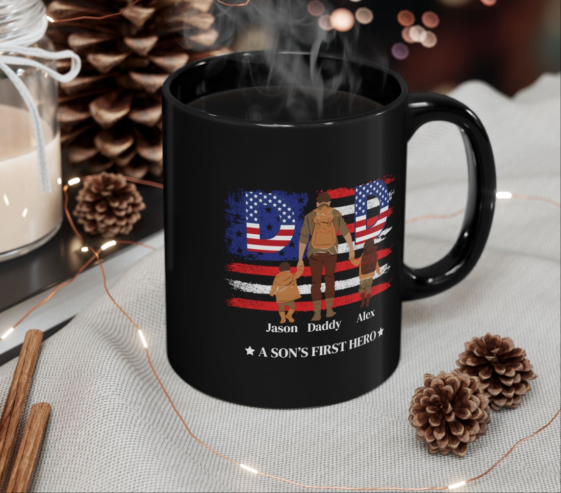 Custom Black Coffee Mug, Dad Gift, A Son's First Hero, Personalized Father's Day, USA Flag Design, Ceramic Cup, Patriotic Present