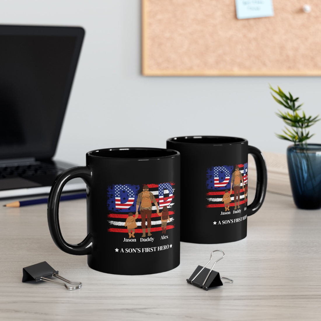 Custom Black Coffee Mug, Dad Gift, A Son's First Hero, Personalized Father's Day, USA Flag Design, Ceramic Cup, Patriotic Present