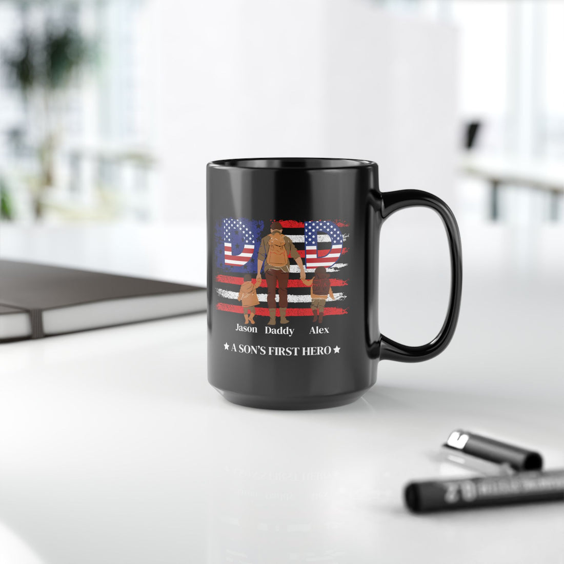 Custom Black Coffee Mug, Dad Gift, A Son's First Hero, Personalized Father's Day, USA Flag Design, Ceramic Cup, Patriotic Present