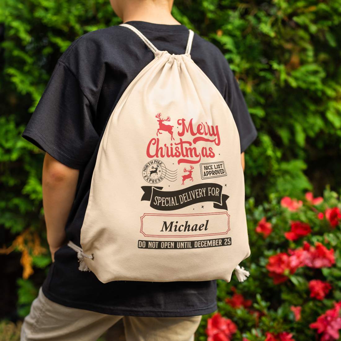 Personalize Christmas Santa "Naughty/Nice" Special Delivery Drawstring Backpack!