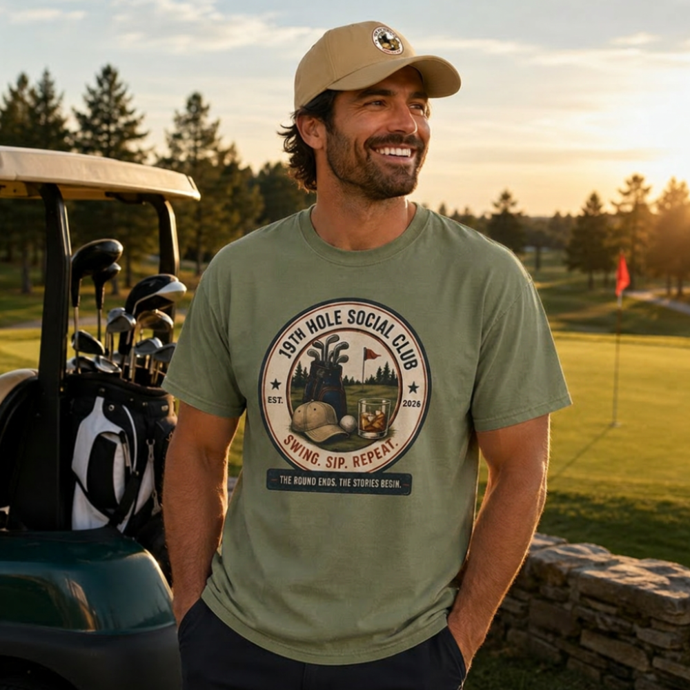 19th Hole Social Club Golf Shirt | Matching Golf Hat | Comfort Colors 1717 Tee | Golf Trip Gift | Golf League Apparel | Swing Sip Repeat